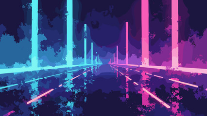 Neon stripe echo — narrow neon lines echoing outward on dark textured base; palette: electric cyan, fuchsia, indigo