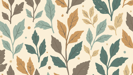 Retro botanical repeat — simple geometric leaves in tight repeat with linen feel; palette: sage, cream, ochre, taupe