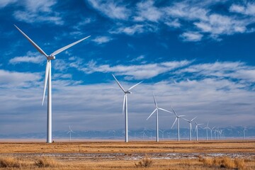 Expansive field of modern wind turbines under a clear blue sky Generative AI