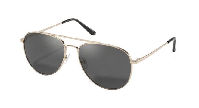 Classic aviator sunglasses with gold metal frame and dark tinted lenses, isolated on white background, stylish fashion accessory for sun protection, travel, and outdoor activities, PNG image.

