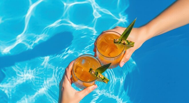 Two female hands toasting with tropical cocktails over a swimming pool. Summer vacation lifestyle at a luxury resort. Refreshing pineapple drinks for a poolside party celebration - Powered by Adobe