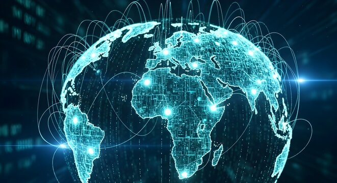 A futuristic, glowing digital Earth displaying a global communication network infrastructure, represented by interconnected arcs and nodes over a circuit board-like surface, symbolizing worldwide dat