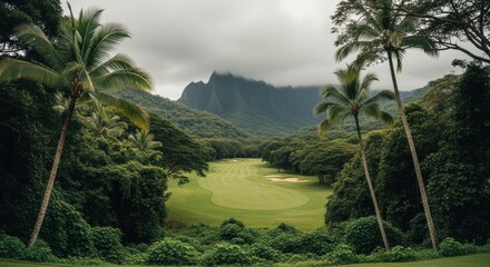 Lush tropical golf course in a mountain valley. Luxury sports resort with scenic fairway views. Outdoor recreation and leisure in a paradise setting. Exclusive golfing destination