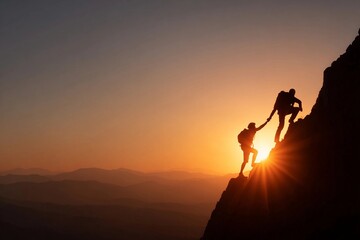 Teamwork shines as climbers assist each other on a mountain at sunset