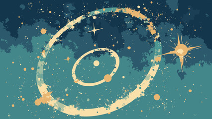 Atomic orbit rings — thin orbiting rings and tiny stars on textured field; palette: indigo, gold, mint, cream