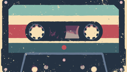 70s cassette bands — narrow tonal bands with tiny cassette icon repeat and film grit; palette: teal, maroon, sand, black