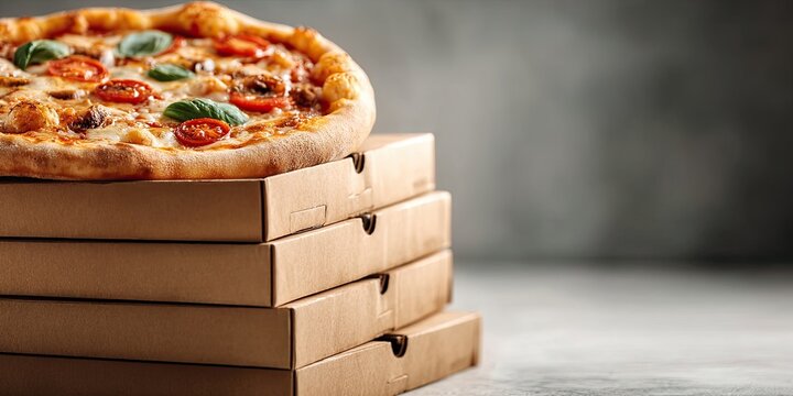 A stack of cardboard boxes with delicious pizza on a white background - Powered by Adobe