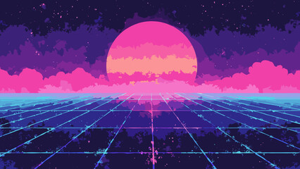 Synthwave horizon — linear sunband over horizon grid with grain and neon glow, palette: magenta, cyan, purple