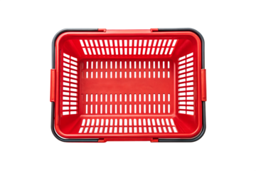 Overhead view of a vibrant red plastic shopping basket on png, shopping basket, red basket, plastic basket, store basket, supermarket basket, shopping container, retail, grocery, market, container