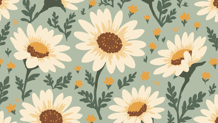 70s floral repeat — stylized simple daisies in tight repeat with fabric texture, palette: ochre, brown, sage