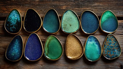 Colorful, oval ceramic dishes on wood