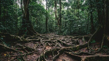 Lush rainforest floor, tangled roots