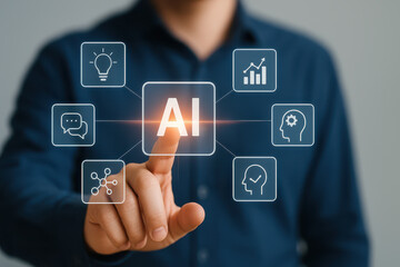 Person interacting with digital interface showcasing artificial intelligence concepts, including data analysis, communication, and innovation. image conveys sense of technology and progress