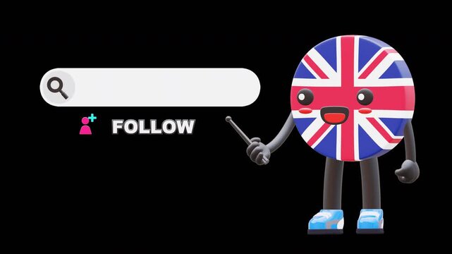 Cute 3D United Kingdom flag mascot with pointer showing follow search bar symbolizing social engagement.
