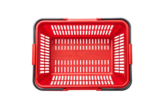 Overhead view of a vibrant red plastic shopping basket on png, shopping basket, red basket, plastic basket, store basket, supermarket basket, shopping container, retail, grocery, market, container - Powered by Adobe