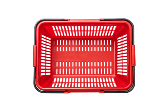 Overhead view of a vibrant red plastic shopping basket on png, shopping basket, red basket, plastic basket, store basket, supermarket basket, shopping container, retail, grocery, market, container