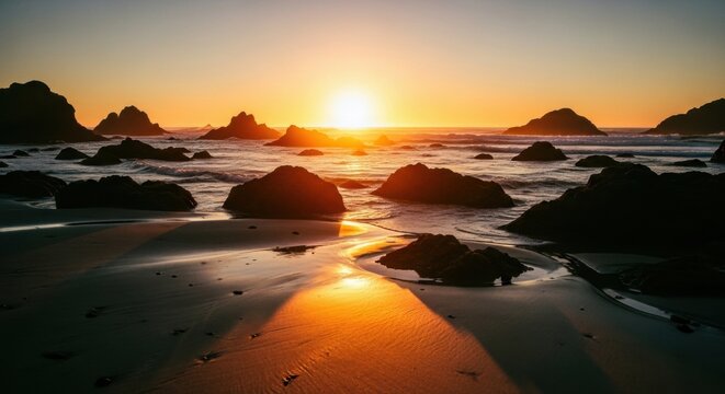 Serene coastal landscape with a dramatic sunset. Golden hour light reflecting on the ocean and wet sand. Silhouetted rock formations in the sea. Peaceful nature for travel and mindfulness