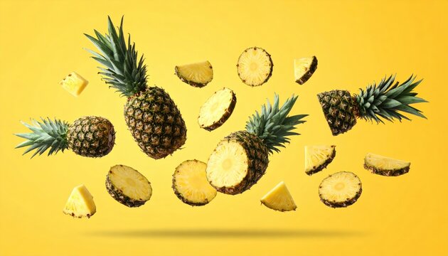Floating pineapples and pineapple slices against a bright yellow background