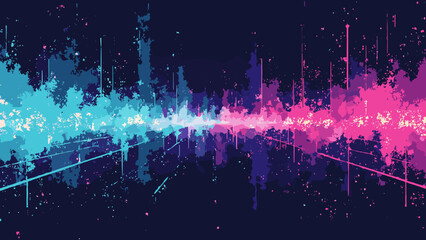 Neon grid glitch — offset pixel grid with chromatic aberration and scanline texture, palette: cyan, magenta, black