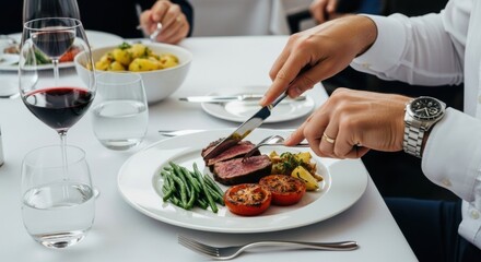 Male hands cutting gourmet steak dinner. Fine dining restaurant experience with red wine. Business lunch meeting for professionals. Luxury lifestyle and culinary celebration concept