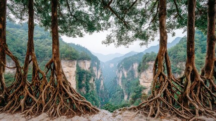 Majestic trees' roots frame a misty valley view