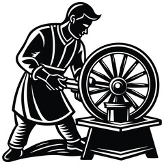 Blacksmith Silhouette Crafting a Wheel with Traditional Tools and Woodworking Style on White Background