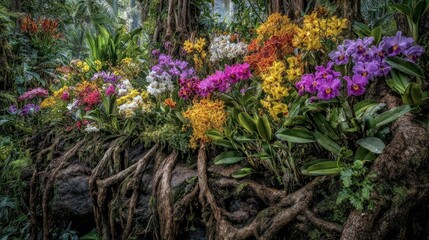 Vibrant orchids in a lush greenhouse