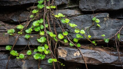 Green vines clinging to dark stone wall