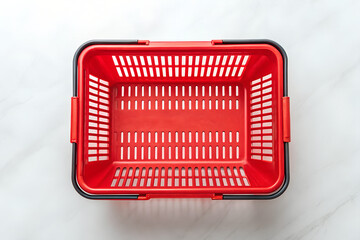 Overhead view of a vibrant red plastic shopping basket on png, shopping basket, red basket, plastic basket, store basket, supermarket basket, shopping container, retail, grocery, market, container