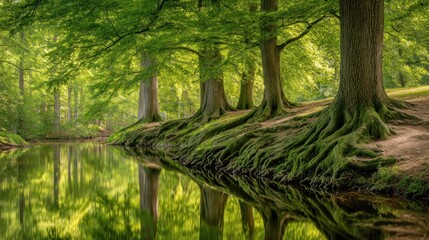 Lush forest reflects on a calm stream