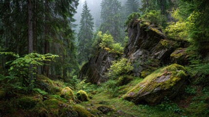 Misty forest scene with large rocks