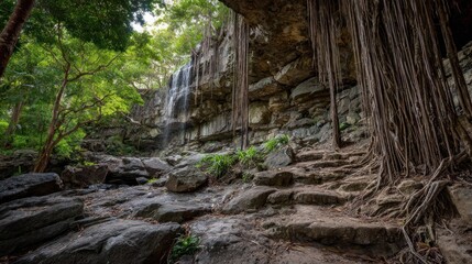 Lush waterfall cascading down rocky cliff face