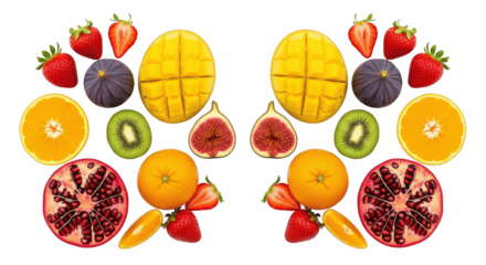 Symmetrical arrangement of fresh fruits including mango, orange, fig, kiwi, pomegranate, and strawberry, isolated on white background, PNG image for healthy eating, nutrition, and food design.

