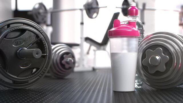 Sport equipment, pink dumbells and protein shaker for fitness and gym. 3d animation