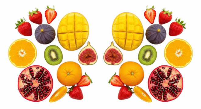 Symmetrical arrangement of fresh fruits including mango, orange, fig, kiwi, pomegranate, and strawberry, isolated on white background, PNG image for healthy eating, nutrition, and food design.

