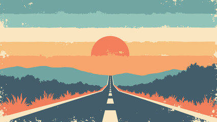 Vintage road-trip stripes — stacked horizontal bands with subtle road grit and stamped icons, palette: petrol, cream, rust