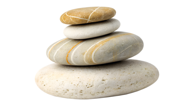 A stack of smooth, balanced, lightcolored stones, representing zen and tranquility, isolated on transparent background