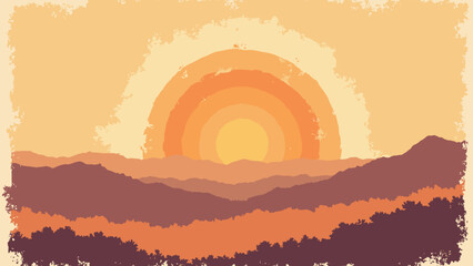 70s sun ripple — concentric imperfect rings with faded edges and film grain; palette: mustard, burnt orange, cocoa, beige