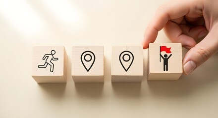 Journey to success with running man and flag icons on blocks