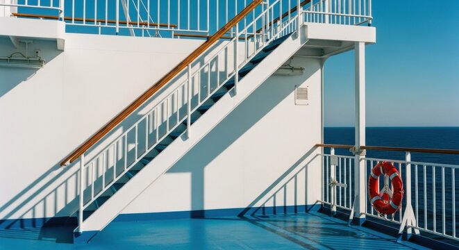 Deck of a passenger ferry with white staircase. Nautical architecture and minimalist design. Summer vacation and ocean travel concept. Marine safety with a red lifebuoy - Powered by Adobe
