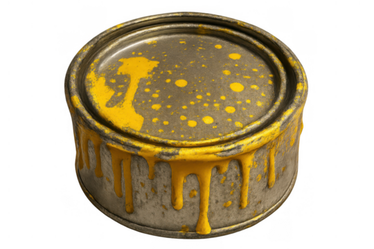 Metal paint can with messy yellow paint dripping down its sides and splattered on the lid. Transparent background