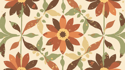 Groovy floral tile — stylized 70s flowers in tessellated repeat with paper texture; palette: terracotta, avocado, cream, brown
