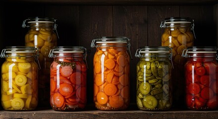 Beautifully arranged jars of homemade pickled produce, featuring a variety of colorful fermented vegetables stored on a rustic shelf ,produce ,delicious ,carrots