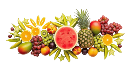 Vibrant assortment of tropical fruits including watermelon, pineapple, mango, grapes, oranges, starfruit, and peaches, arranged artistically, isolated on white background, PNG image for food design.

