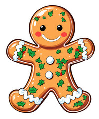 Gingerbread man cookie decorated with holly leaves and berries, isolated on transparent background