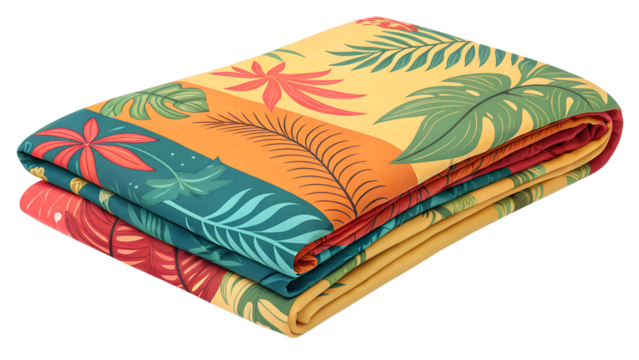 A folded blanket with a vibrant tropical leaf pattern in warm colors, isolated on transparent background