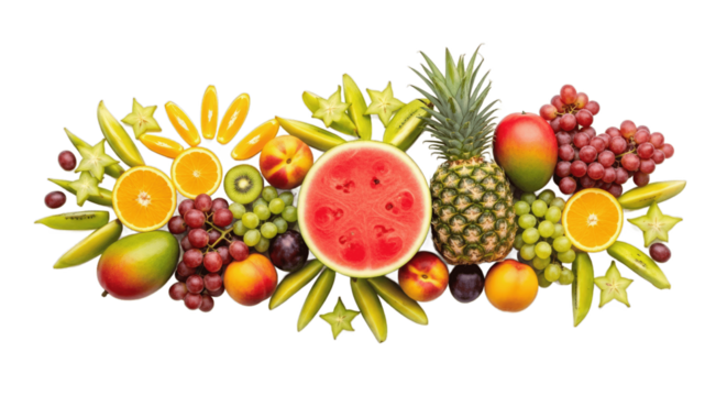 Vibrant assortment of tropical fruits including watermelon, pineapple, mango, grapes, oranges, starfruit, and peaches, arranged artistically, isolated on white background, PNG image for food design.

