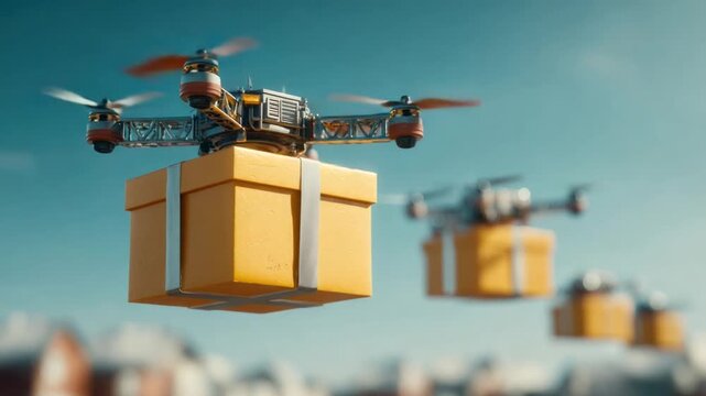 Drone fleet delivers packages; boxes suspended by straps against a blurred cityscape and sky