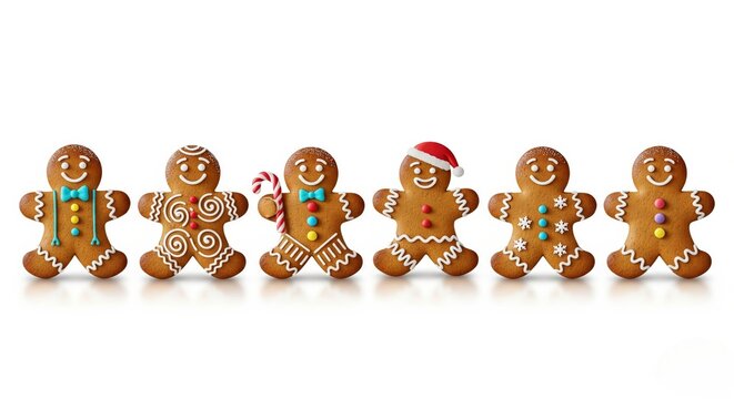 Festive gingerbread men with colorful decorations and christmas hat