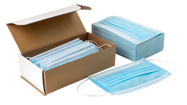 Box of disposable face masks and loose masks isolated on transparent background